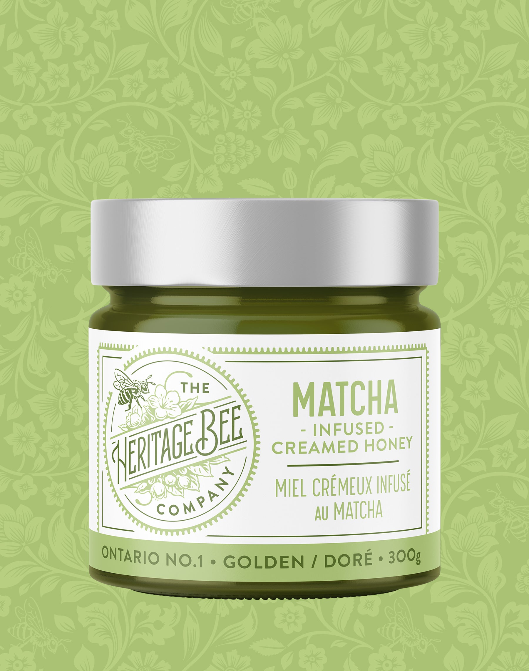 Matcha infused wildflower honey made in Ontario with organic matcha powder. Handcrafted by Heritage Bee Co. 